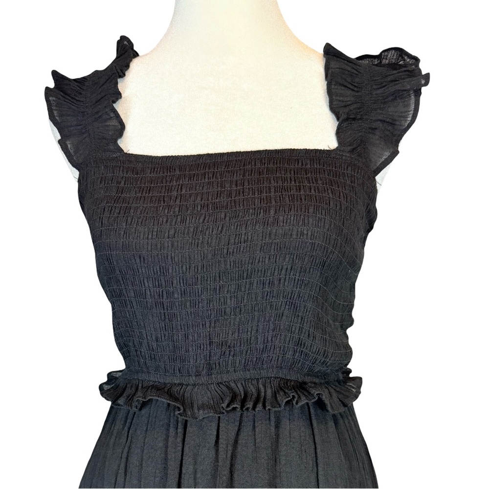 By The River black Midi Sleeveless Smocked Gauze Dress Cottagecore Sun Dress - Picture 2 of 7